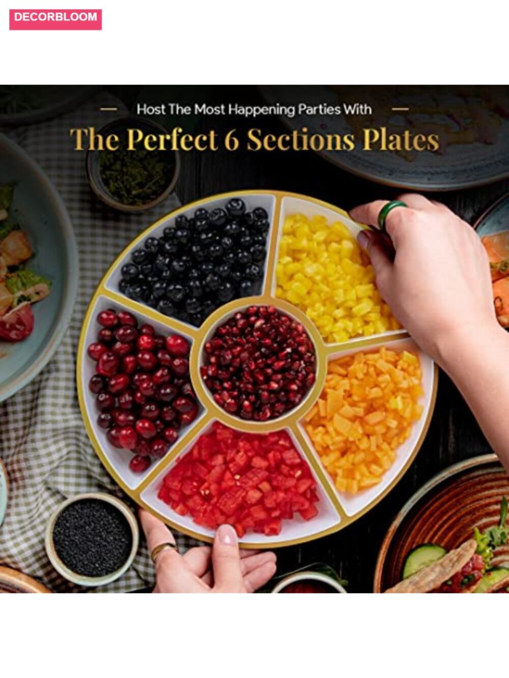 4 Pack 6-Section White Plastic Serving Trays Gold Rim 12" Platters - Picture 2 of 5